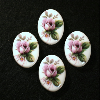 German Plastic Porcelain Decal Painting - Pink Rose (2719) Oval 25x18MM ON CHALKWHITE BASE