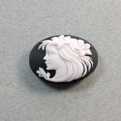 Plastic Cameo - Woman Sideways Oval 25x18MM WHITE ON BLACK