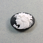 Plastic Cameo - Woman Sideways Oval 25x18MM WHITE ON BLACK