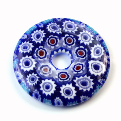 Glass Millefiori Bead - Round Donut 40MM BLUE WHITE RED (40)