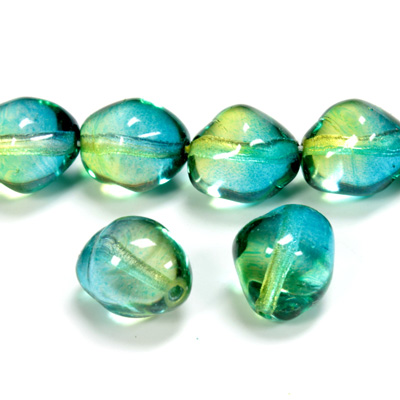 Czech Pressed Glass Bead - Baroque Oval 13x11MM GREEN-YELLOW 69019