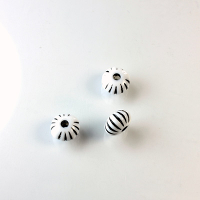 Plastic Engraved Bead -  Ribbed Melon 09x5.5MM BLACK on WHITE