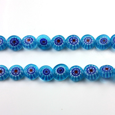 Glass Millefiori Bead - Flat Round 06x3MM AQUA BLUE RED WHITE (06)