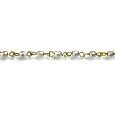 Linked Bead Chain Rosary Style with Glass Fire Polish Bead - Round 3MM MATTE SILVER-Brass