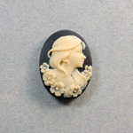 Plastic Cameo - Lady with Flowers Oval 25x18MM IVORY ON BLACK