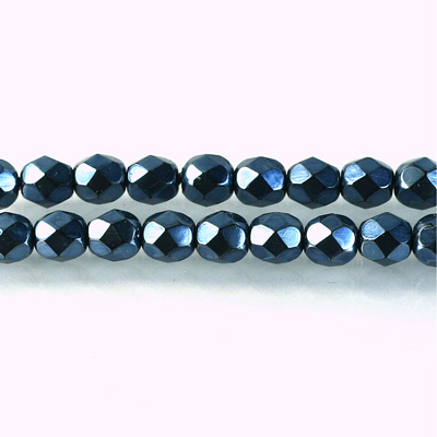 Czech Glass Pearl Faceted Fire Polish Bead - Round 06MM DK BLUE ON BLACK 72154