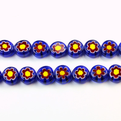 Glass Millefiori Bead - Flat Round 08x4MM BLUE WHITE RED YELLOW (15)