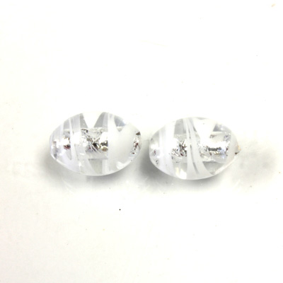 Czech Glass Lampwork Bead - Oval 14x10MM Crystal WHITE SWIRL SILVER LINE 01032