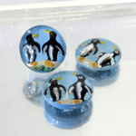 Glass Crystal Painting with Carved Intaglio Penguins Round 13MM  NATURAL on BLUE