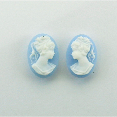 Plastic Cameo - Woman with Ponytail Oval 14x10MM WHITE ON BLUE