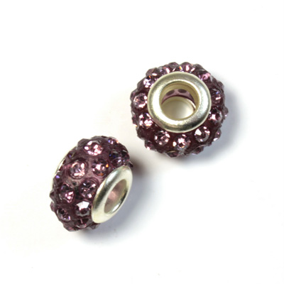 Rhinestone Bead with Large Hole Resin Base and Silver Plated Center - Round 14x9MM LT AMETHYST on PURPLE