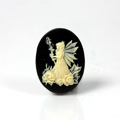 Plastic Cameo - Fairy with Wand Oval 25x18MM IVORY ON BLACK