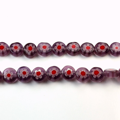 Glass Millefiori Bead - Flat Round 06x3MM LILAC WHITE RED (42)