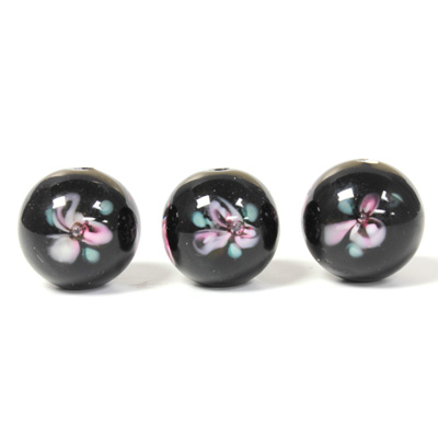 Czech Glass Lampwork Bead - Smooth Round 12MM Flower PINK ON BLACK (40202)