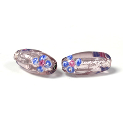 Czech Glass Lampwork Bead - Oval 18x8MM Flower ON AMETHYST with SILVER FOIL