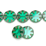 Czech Glass Fire Polish Bead Cut & Engraved Window 18MM EMERALD with DIFFUSION COATING