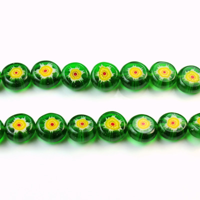 Glass Millefiori Bead - Flat Round 08x4MM GREEN YELLOW RED (12)