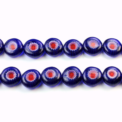 Glass Millefiori Bead - Flat Round 08x4MM BLUE WHITE RED (32)