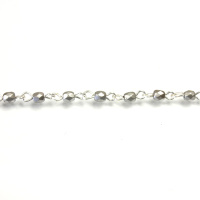 Linked Bead Chain Rosary Style with Glass Fire Polish Bead - Round 3MM MATTE SILVER-SILVER