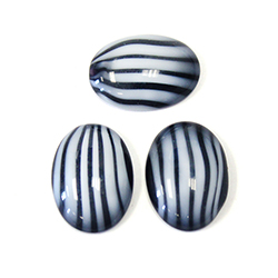 German Glass Medium Dome Striped Moonstone Cabochon - Oval 18x13MM WHITE ON BLACK