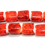 Glass Lampwork Bead - Square Flat 20x18MM CORAL MATRIX