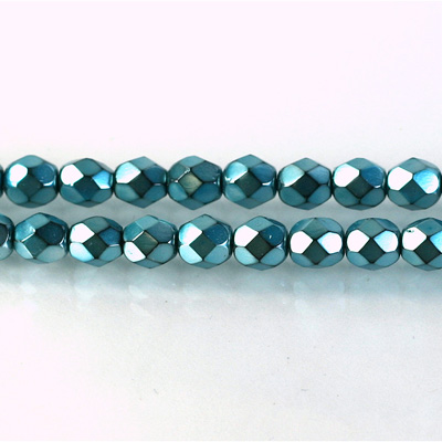 Czech Glass Pearl Faceted Fire Polish Bead - Round 06MM AQUA ON BLACK 72166