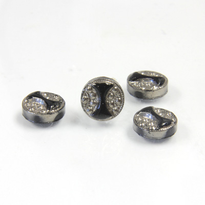 Glass Flat Back Engraved Button Top - Round 9MM MARCASITE on JET