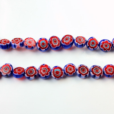 Glass Millefiori Bead - Flat Round 06x3MM BLUE WHITE RED (37)