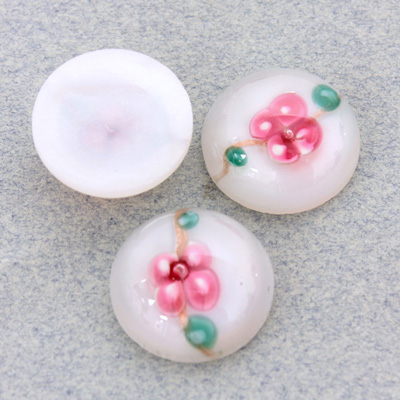 Glass Medium Dome Lampwork Cabochon - Round 18MM PINK ON WHITE (04863)