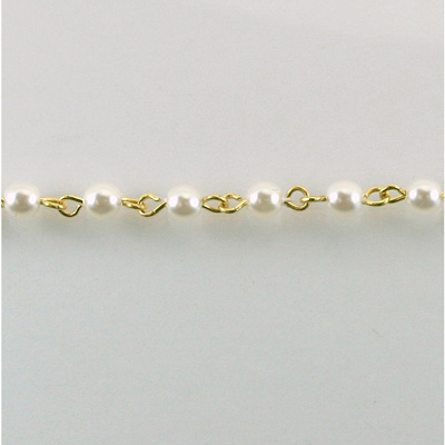 Linked Bead Chain Rosary Style with Glass Pearl Bead - Round 4MM WHITE-GOLD