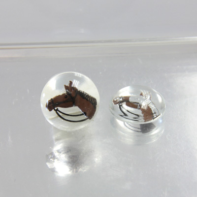 Glass Crystal Painting with Carved Intaglio Horse Head Round 13MM NATURAL on CRYSTAL