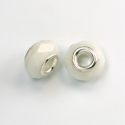 Glass Faceted Bead with Large Hole Silver Plated Center - Round 14x9MM CHALKWHITE