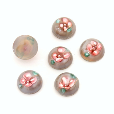 Glass Medium Dome Lampwork Cabochon - Round 10MM PINK ON GREY (00598)