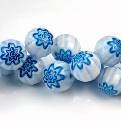 Glass Millefiori Bead - Round 12MM WHITE AQUA (25)