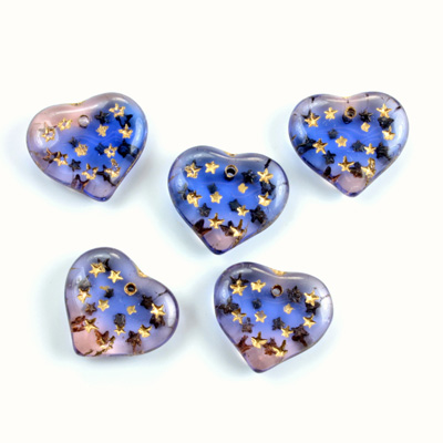 Czech Pressed Glass Engraved Pendant - Stars Heart 14x5MM GOLD on PURPLE / BLUE