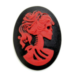 Plastic Cameo - Skeleton, Lolita Oval 40x30MM RED ON BLACK