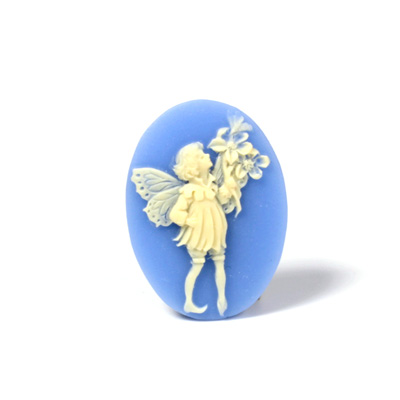 Plastic Cameo - Fairy with Bouquet Oval 25x18MM IVORY ON BLUE