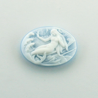 Plastic Cameo - Mermaid on Shore Oval 25x18MM WHITE ON BLUE FS