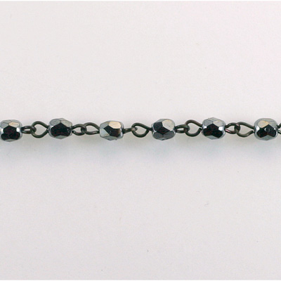 Linked Bead Chain Rosary Style with Glass Fire Polish Bead - Round 4MM HEMATITE-JET