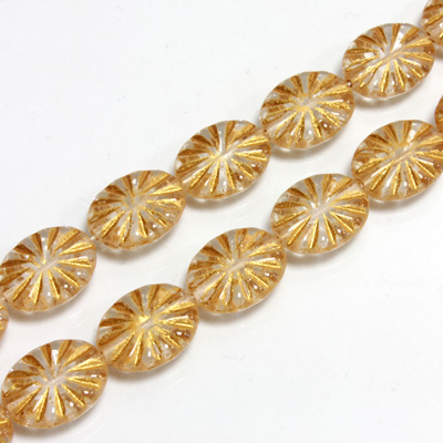 Czech Pressed Glass Engraved Bead - Oval 14x11MM GOLD ON CRYSTAL