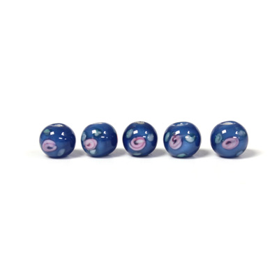 Czech Glass Lampwork Bead - Smooth Round 06MM Flower PINK ON DARK BLUE (00056)