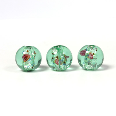 Czech Glass Lampwork Bead - Smooth Round 10MM Flower ON PERIDOT with  SILVER FOIL