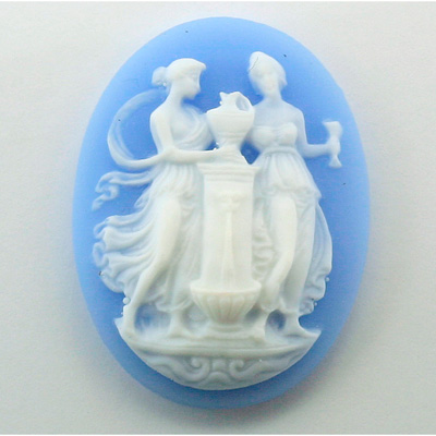 Plastic Cameo - Women At Well Oval 40x30MM WHITE ON BLUE