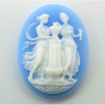 Plastic Cameo - Women At Well Oval 40x30MM WHITE ON BLUE