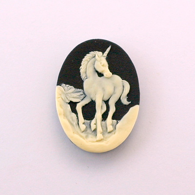 Plastic Cameo - Unicorn Oval 25x18MM IVORY ON BLACK