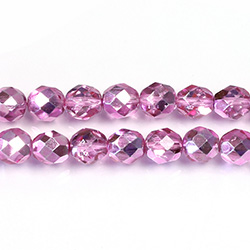 Czech Glass Fire Polish Bead - Round 08MM 1/2 Coated CRYSTAL/HOT PINK