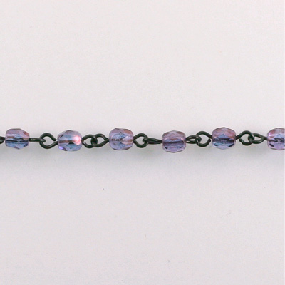 Linked Bead Chain Rosary Style with Glass Fire Polish Bead - Round 4MM PURPLE-JET