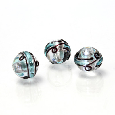 Czech Glass Lampwork Bead - Round 10MM ART DECO AQUA with SILVER FOIL