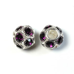 Rhinestone Bead with Large Hole Silver Plated Center - Round 14MM AMETHYST SILVER