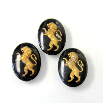 Glass Crystal Painting with Carved Intaglio Lion Oval 18x13MM GOLD on JET